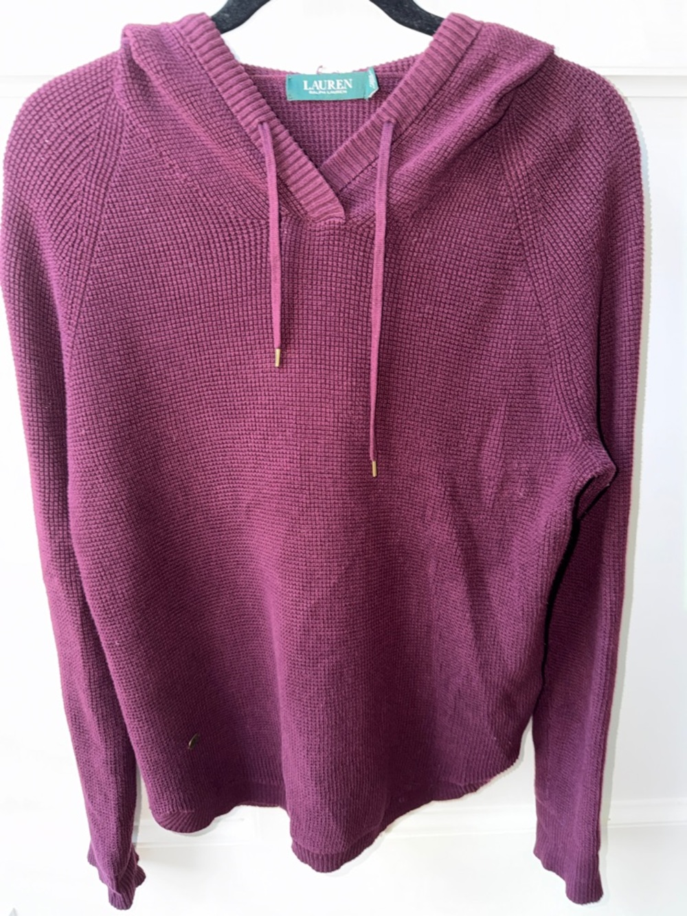 Lauren Ralph Lauren wine Waffle Knit Cotton Hooded Sweater-Large